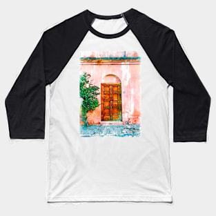 Old Wooden Door Pink Wall Baseball T-Shirt